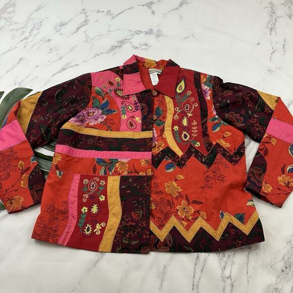 Coldwater Creek Embroidered Jacket Plus Size 1x Red Pink Floral Patchwork - Picture 1 of 11